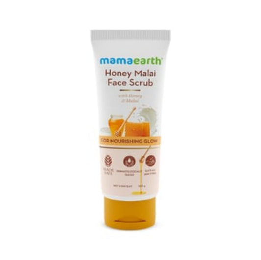 Mamaearth Honey Malai Face Scrub tube on a white background