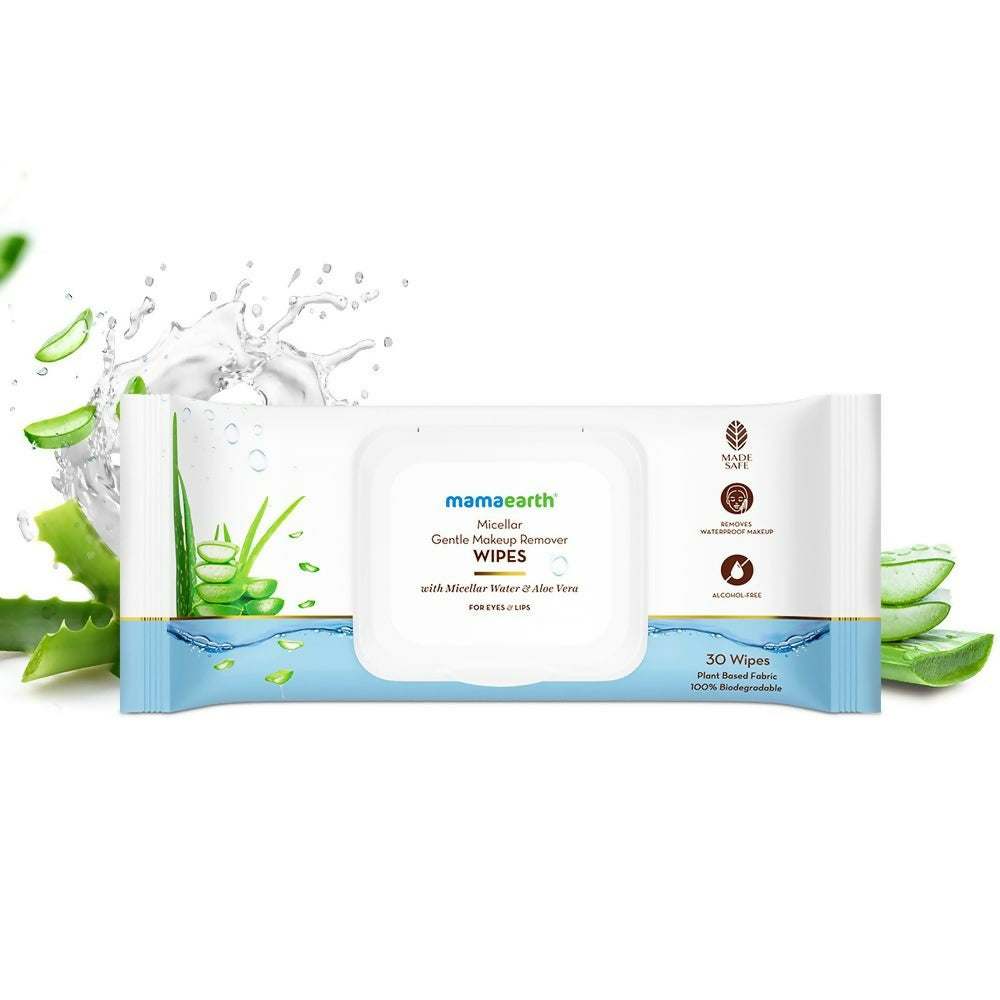 Mamaearth wipes packaging with aloe vera leaves and water droplets on a white background
