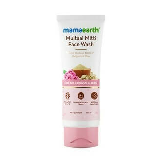 A tube of Mamaearth Multani Mitti Face Wash with Multani Mitti and Bulgarian Rose depicted on the front.