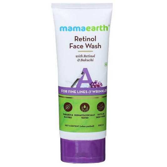 A tube of Mamaearth Retinol Face Wash with purple and green label, indicating that it's for fine lines and wrinkles.