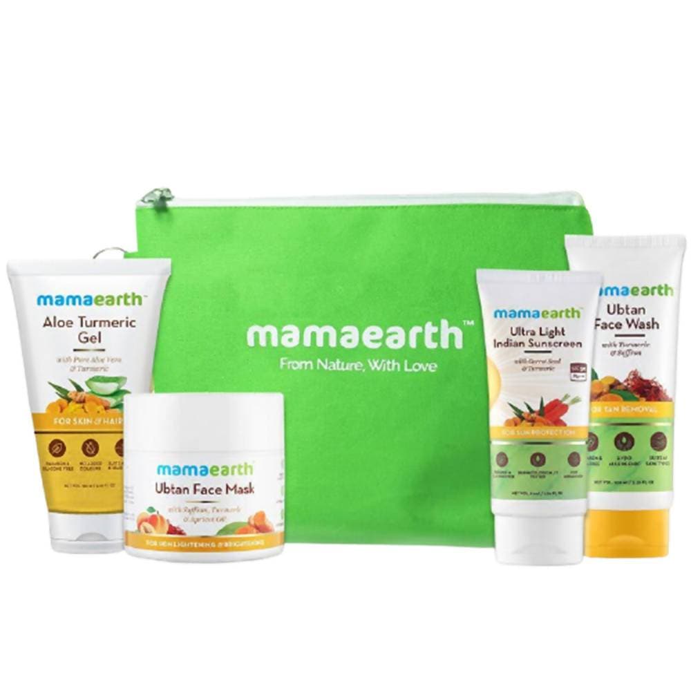 Mamaearth skincare product set with green pouch on a white background