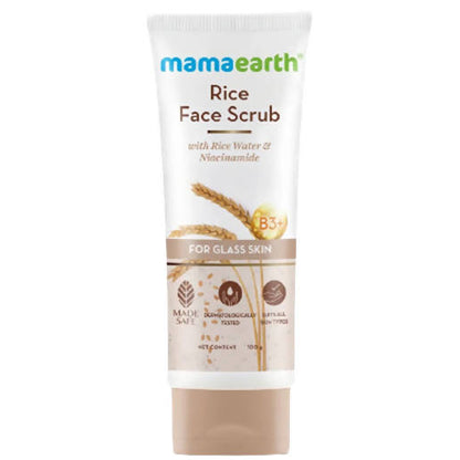 A tube of Mamaearth Rice Face Scrub with rice water and niacinamide, designed for clear skin.