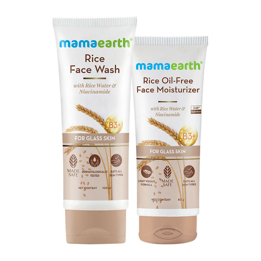 Two Mamaearth rice-based skincare products on a white background