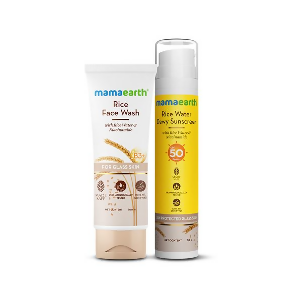 Mamaearth Rice Face Wash and Dewy Sunscreen on a white background