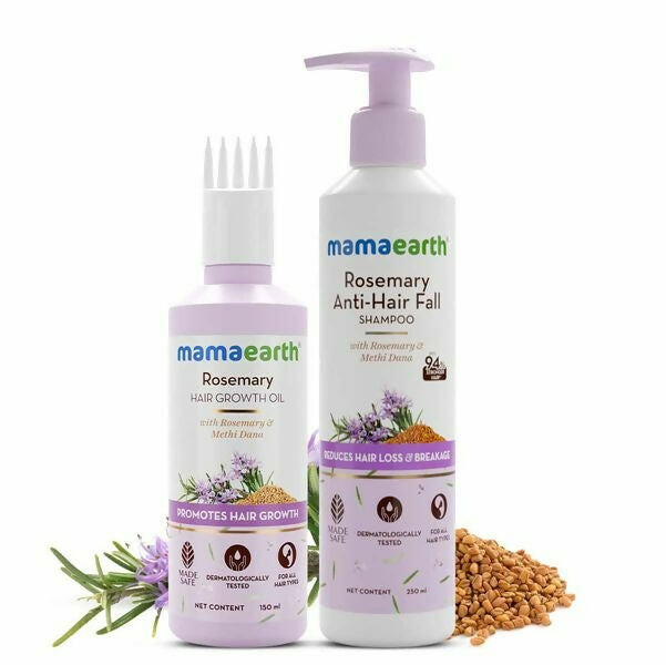 Mamaearth Rosemary Anti-Hair Fall Shampoo and Hair Growth Oil on a white background with rosemary leaves and seeds.