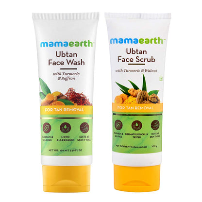 Two products from Mamaearth's Ubtan line, one Ubtan Face Wash and one Ubtan Face Scrub, both with packaging displaying the key ingredients such as turmeric and are designed for tan removal.