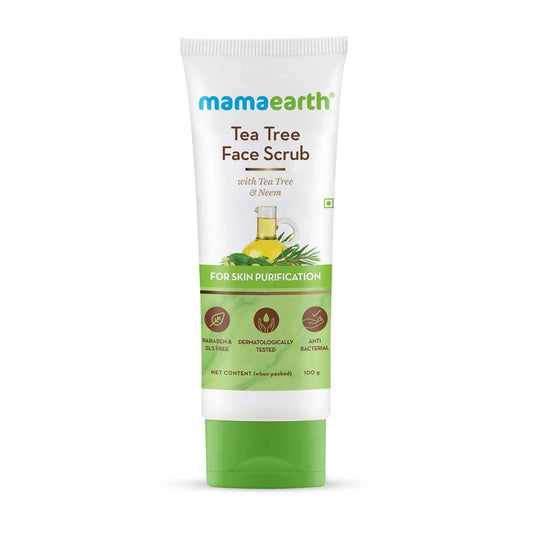 A tube of Mamaearth Tea Tree Face Scrub with Tea Tree and Neem for Skin Purification.