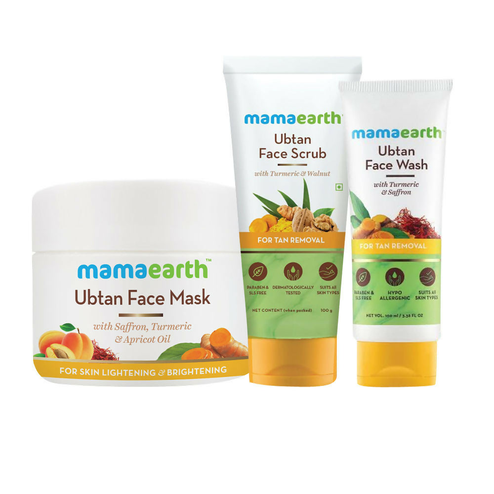 Mamaearth Ubtan Face Mask, Scrub, and Face Wash on a white background