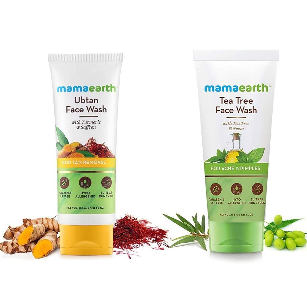 Two tubes of Mamaearth face wash, one labeled 'Ubtan Face Wash' with turmeric and saffron, and the other 'Tea Tree Face Wash' with tea tree oil, set against a white background with their respective natural ingredients displayed beside them.