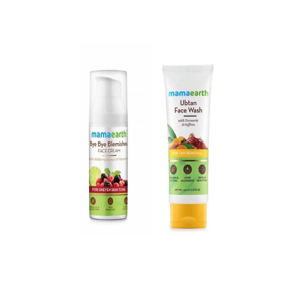 Two skincare products from Mamaearth, a face wash and a face cream, with packaging displaying their respective uses and benefits.