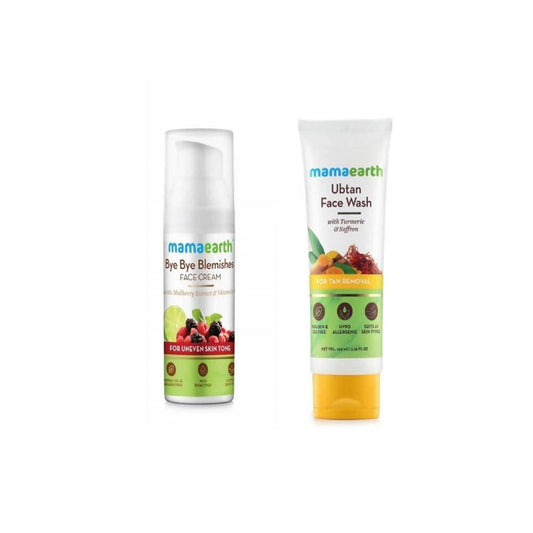 Two skincare products from Mamaearth, a face wash and a face cream, with packaging displaying their respective uses and benefits.