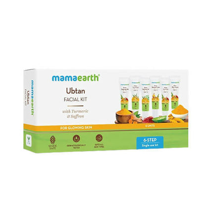 Packaging of Mamaearth Ubtan Facial Kit with Turmeric & Saffron including 6 steps of product use displayed on the box.