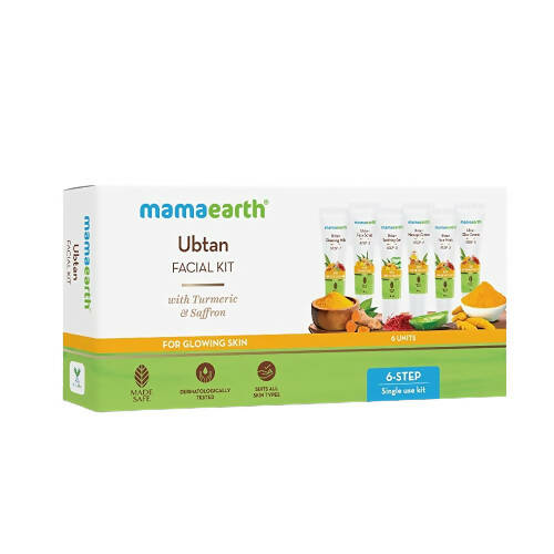Packaging of Mamaearth Ubtan Facial Kit with Turmeric & Saffron including 6 steps of product use displayed on the box.
