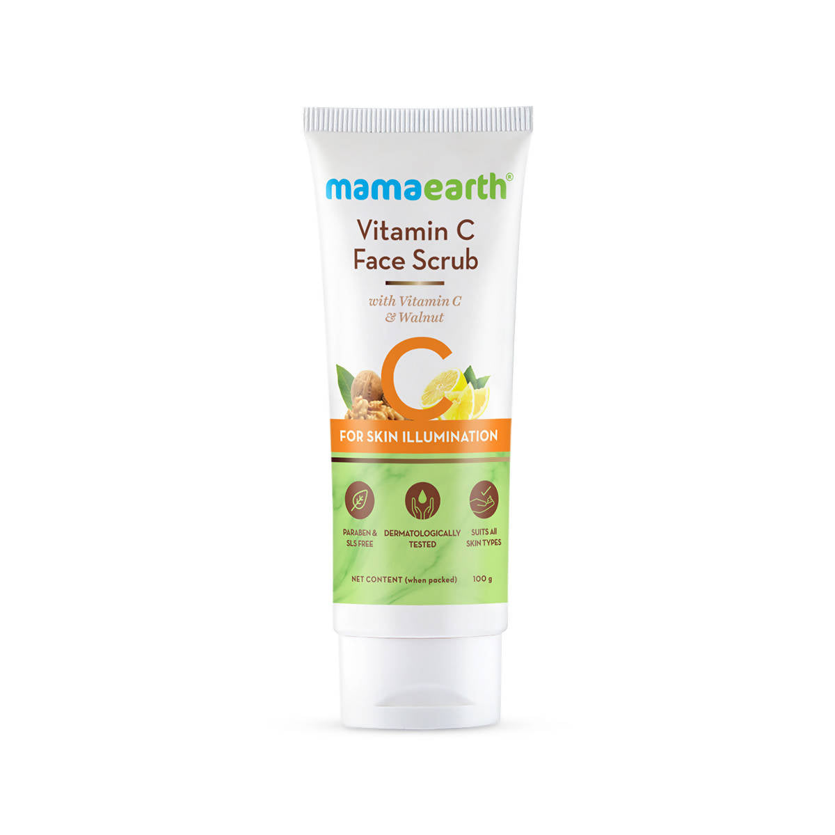 A tube of Mamaearth Vitamin C Face Scrub with key ingredients listed on the front, predominantly white background.