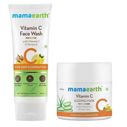 Mamaearth Vitamin C Face Wash and Sleeping Mask on a white background