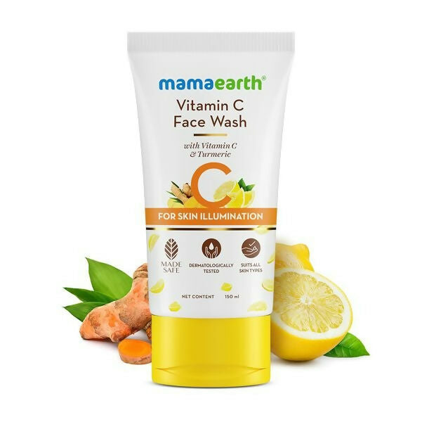 Mamaearth Vitamin C Face Wash packaging with lemon and turmeric ingredients on a white background