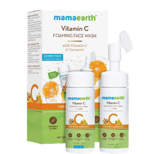 Mamaearth Vitamin C skincare products including face wash and face cream on a white background