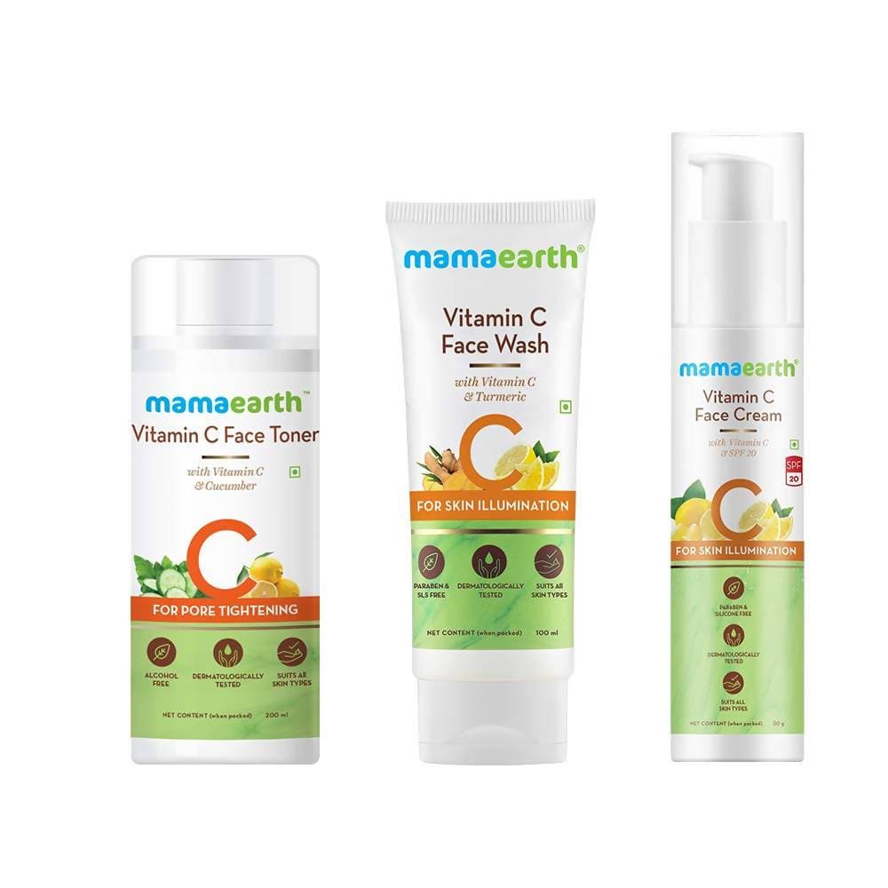 Three skincare products from mamaearth brand, including a face wash, face toner, and face cream, each in white bottles with green and orange labels.