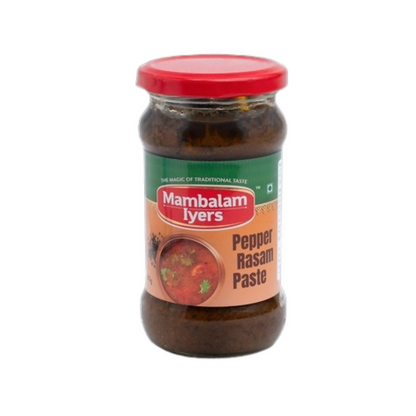 Jar of Mambalam Iyers Pepper Rasam Paste with a red lid on a white background
