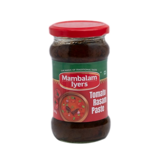 Jar of Mambalam Iyers Tomato Rasam Paste with a red lid on a white background