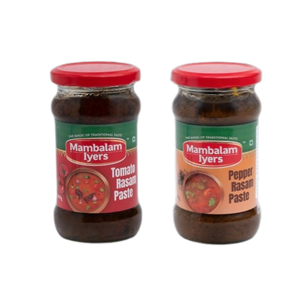 Two jars of Mambalam Iyers rasam paste on a white background