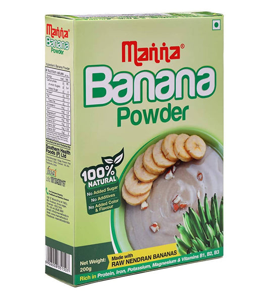 Mantra Banana Powder packaging on a white background