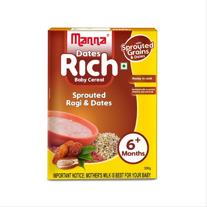 Manna Dates Rich baby cereal box with sprouted ragi and dates on a white background