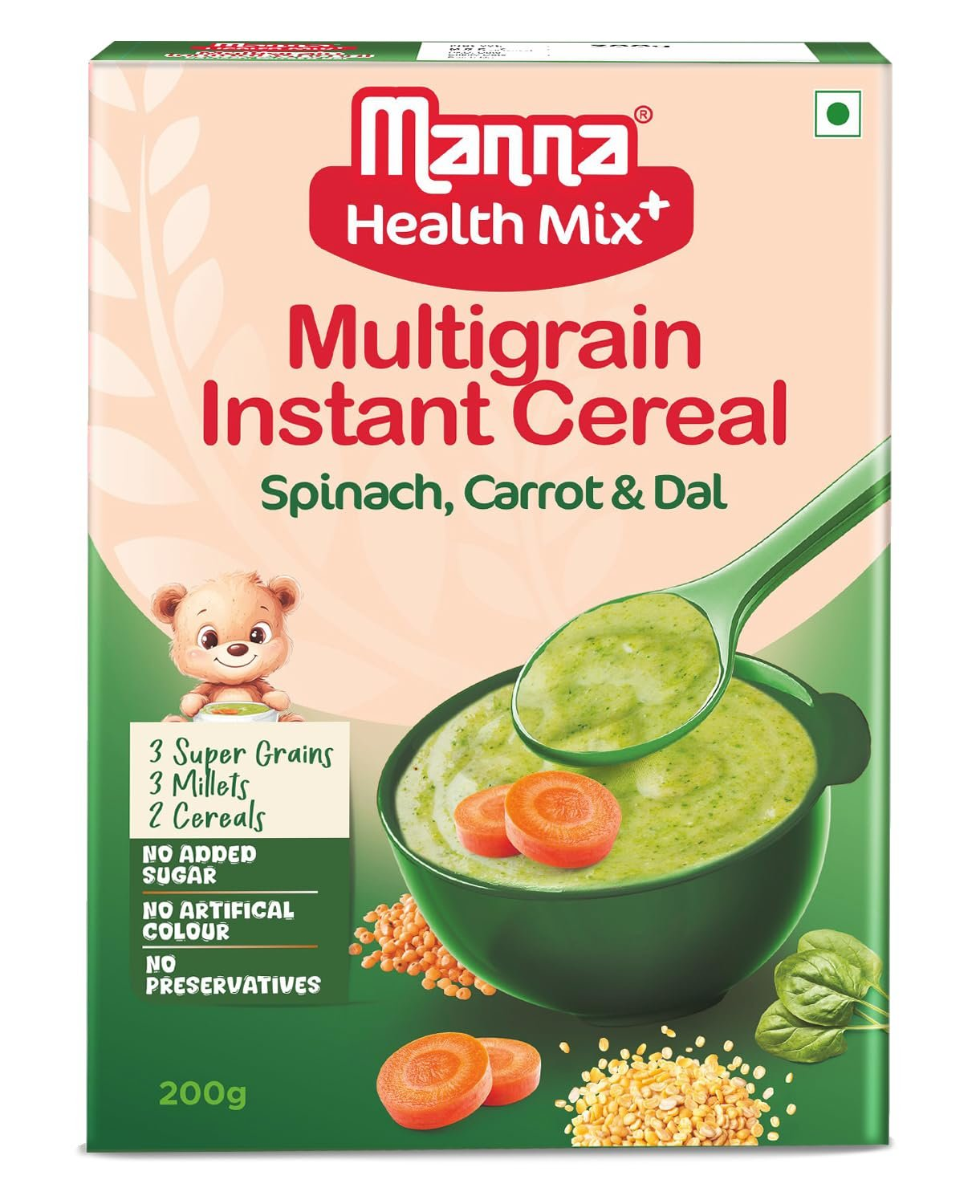 Manna Health Mix Multigrain Instant Cereal packaging with spinach, carrot, and dal flavor.