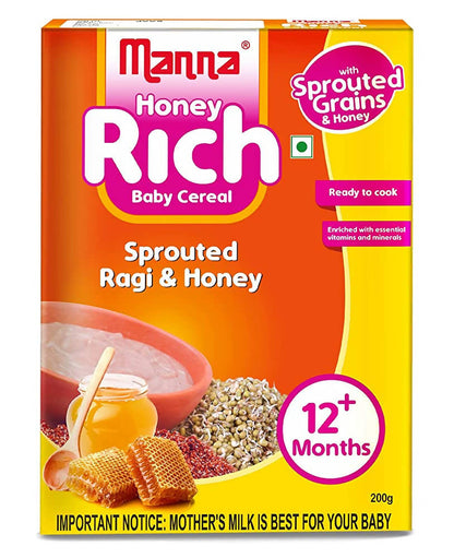 Manna Honey Rich Baby Cereal box with sprouted grains and honey on an orange background