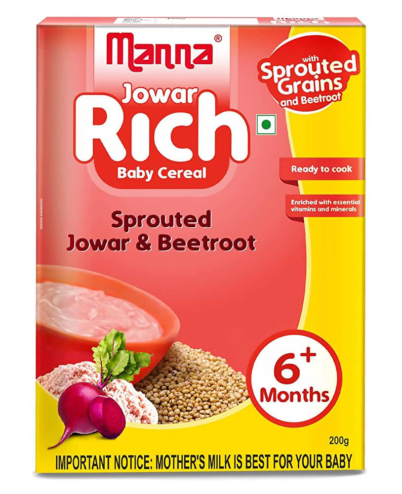 Manna Jowar Rich Baby Cereal box with sprouted jowar and beetroot on a red and yellow background