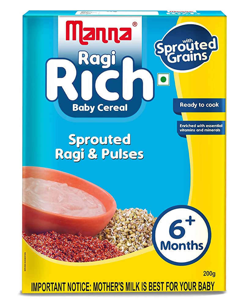 Manna Ragi Rich baby cereal packaging with blue and yellow design.