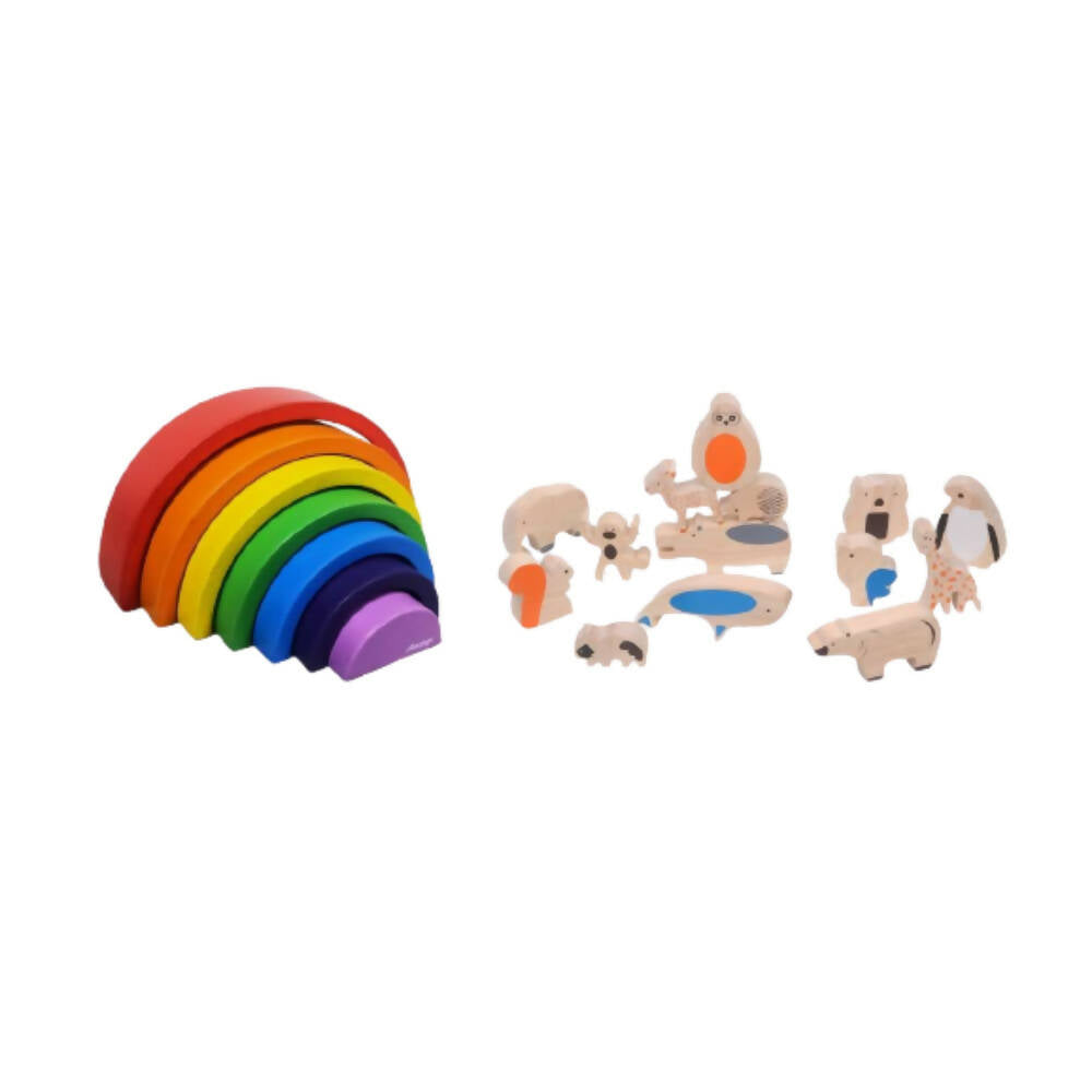 Set of wooden toys including a rainbow stacker and animal figures on a white background