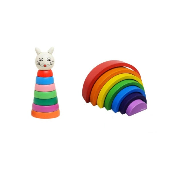 Colorful stacking toy with a cat figure on a white background