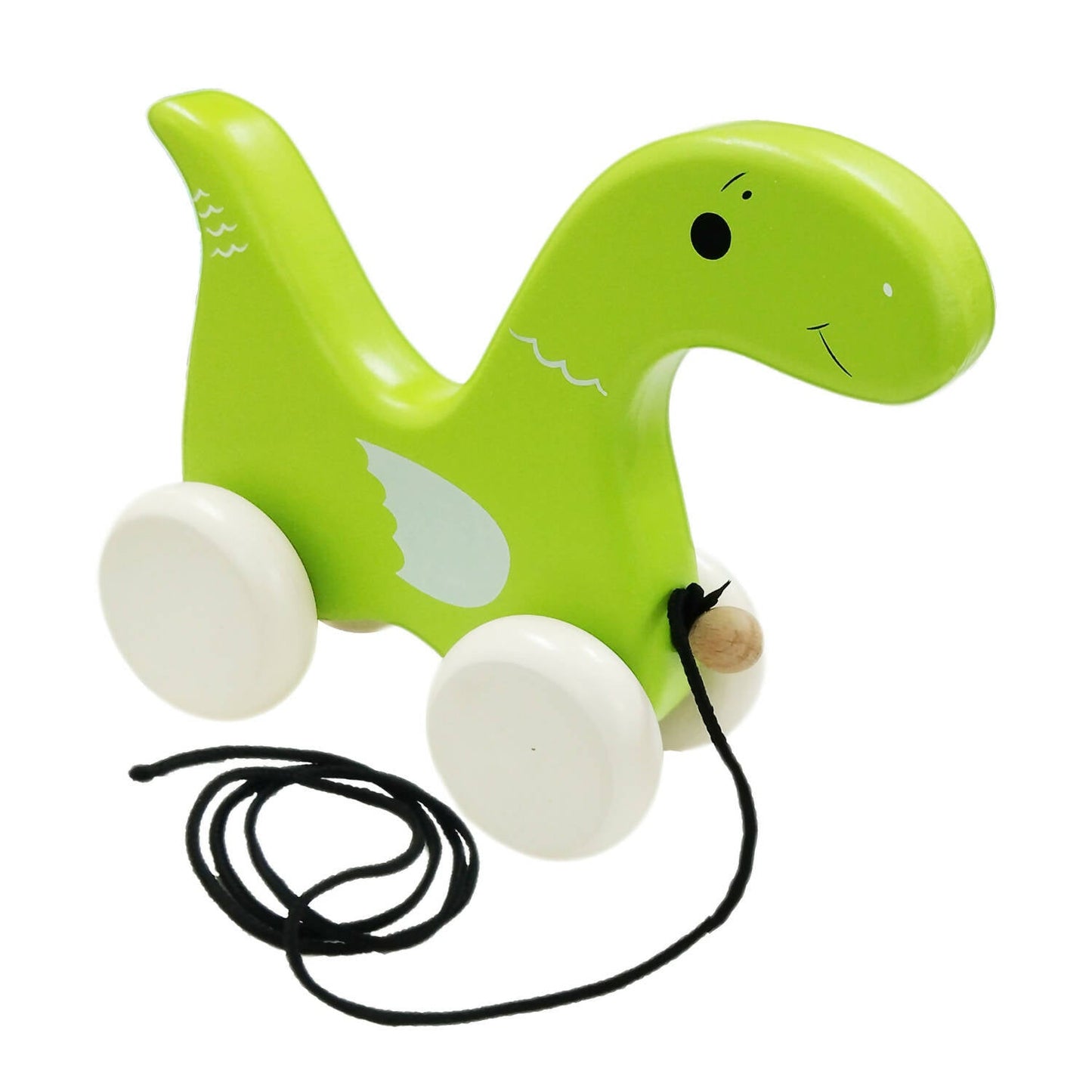 Green dinosaur-shaped pull toy with white wheels on a white background