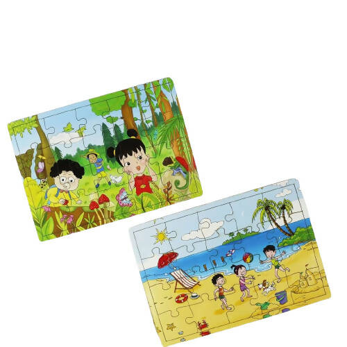 Two children's puzzles with jungle and beach scenes on a white background