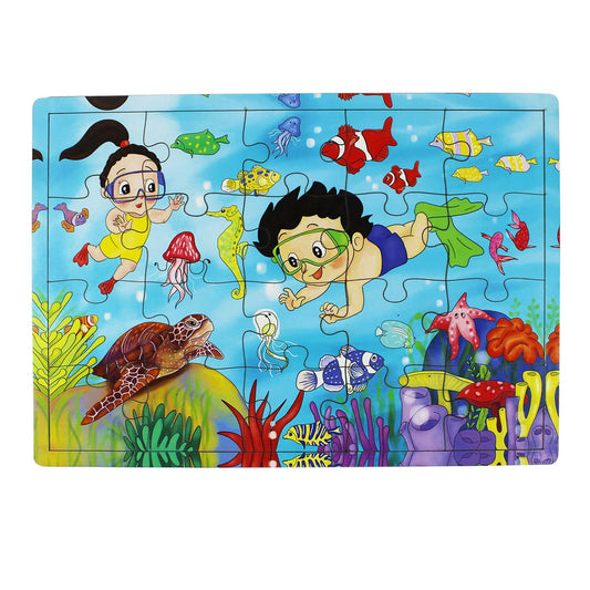 Children's puzzle with underwater theme featuring characters and sea creatures.