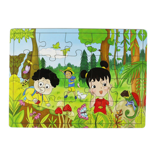 Children's puzzle with cartoon characters in a forest setting