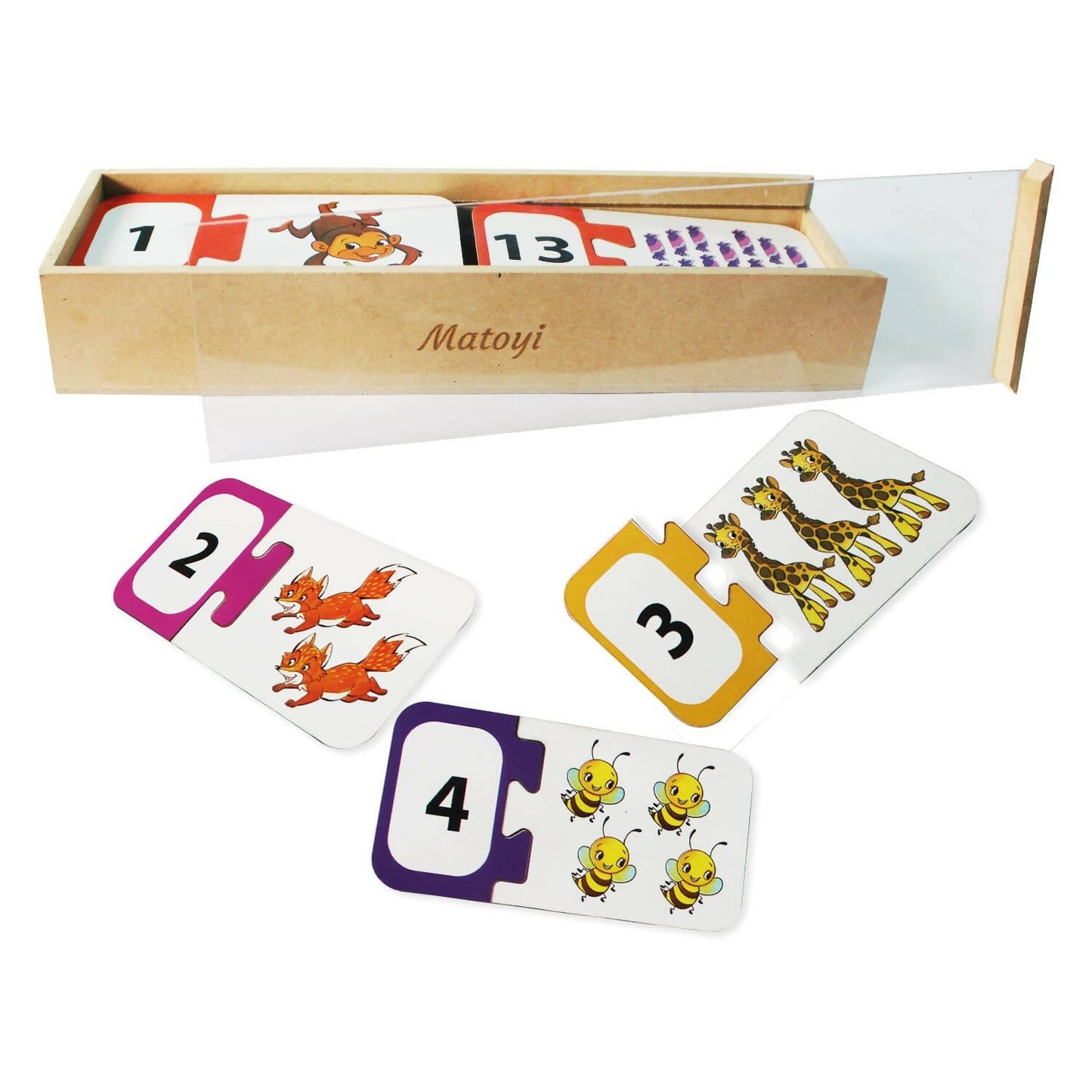 Set of educational number cards with animal illustrations on a white background, featuring the brand 'Matoyi'.