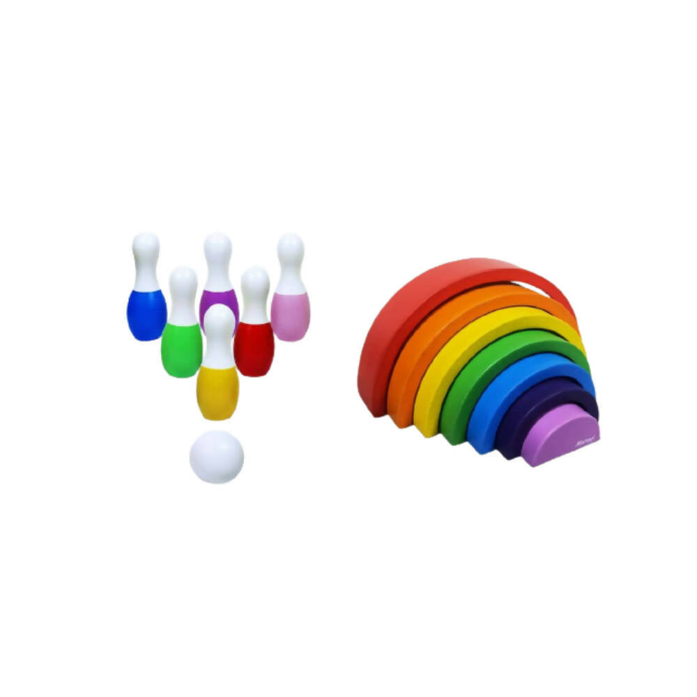 Colorful wooden bowling set with rainbow-colored blocks on a white background