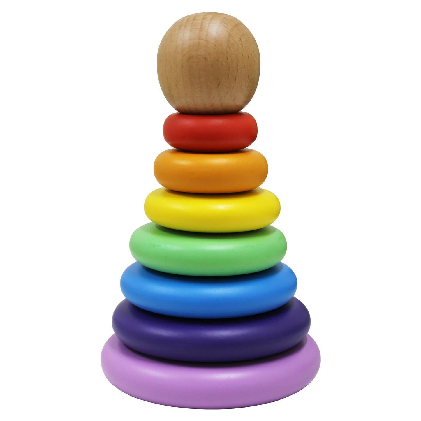 Stack of rainbow-colored wooden rings with a wooden ball on top against a white background