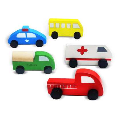 Set of colorful wooden toy vehicles on a white background