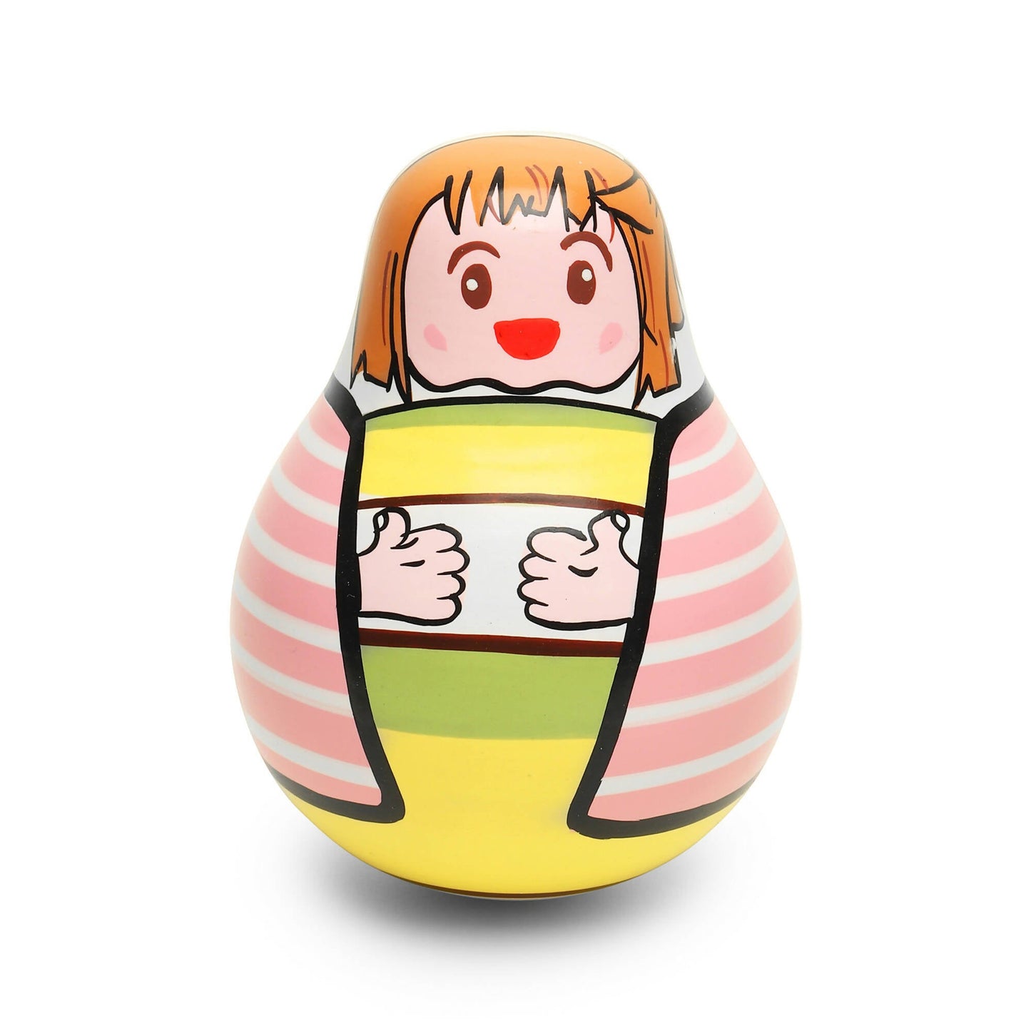 Colorful toy resembling a matryoshka doll with cartoon face on a white background