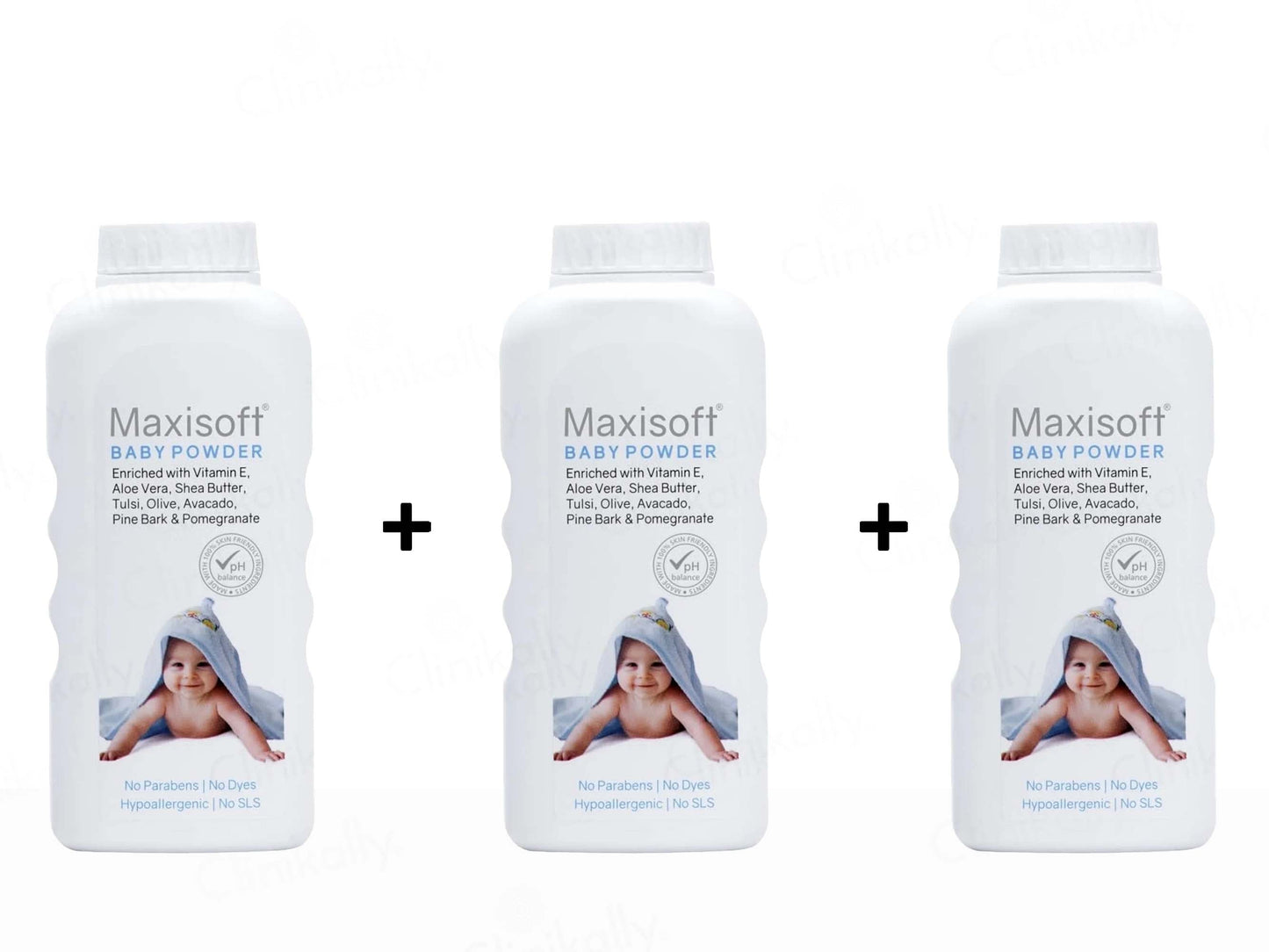 Three bottles of Maxisoft baby powder on a white background
