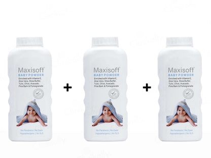 Three bottles of Maxisoft baby powder on a white background