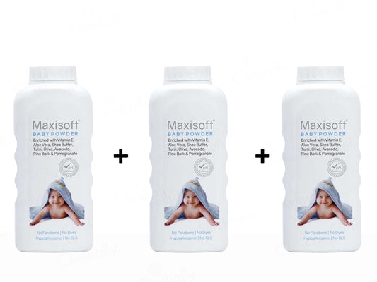Three bottles of Maxisoft baby powder on a white background