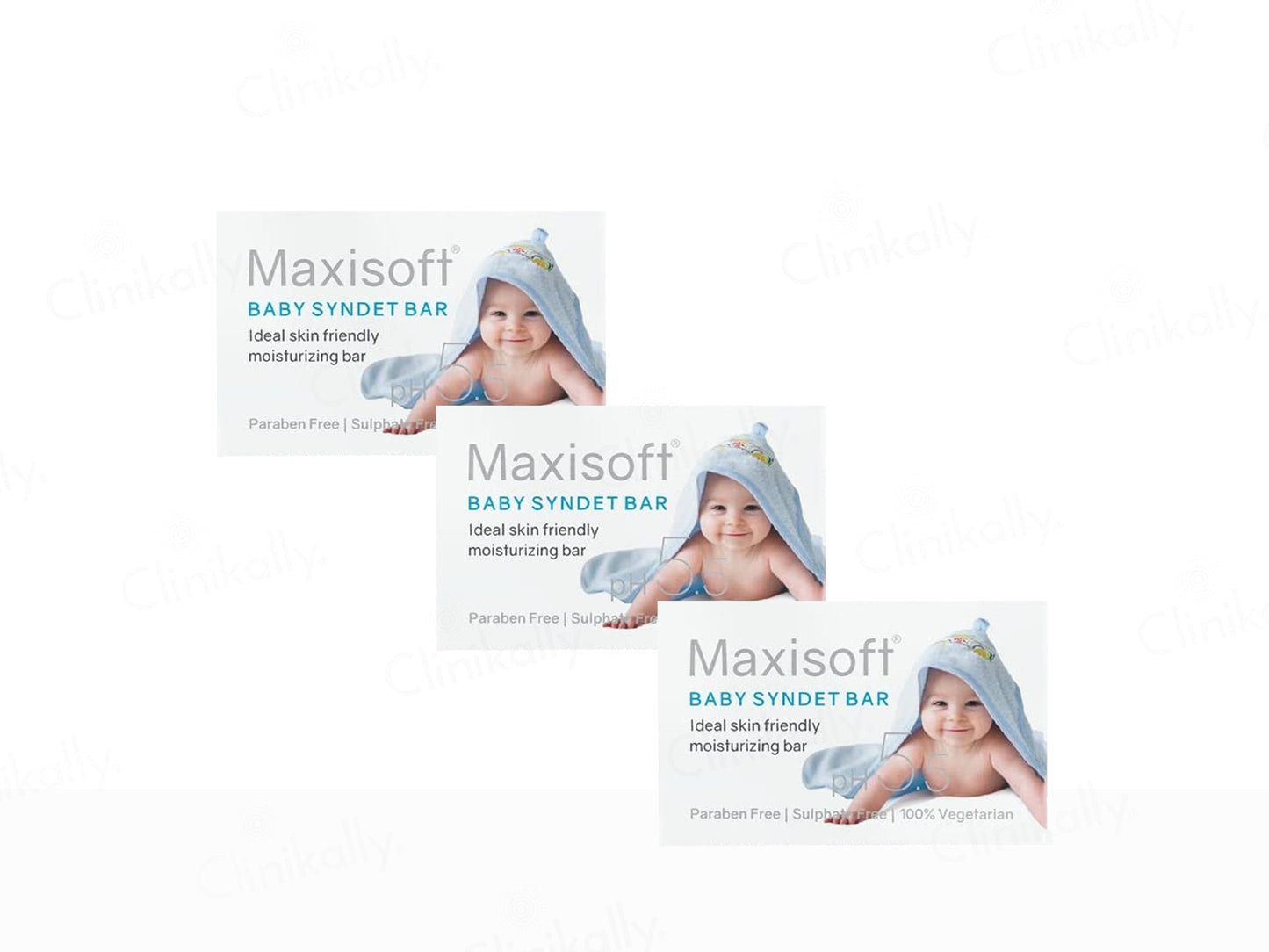 Three packages of Maxisoft Baby Syndet Bar with baby images on a white background