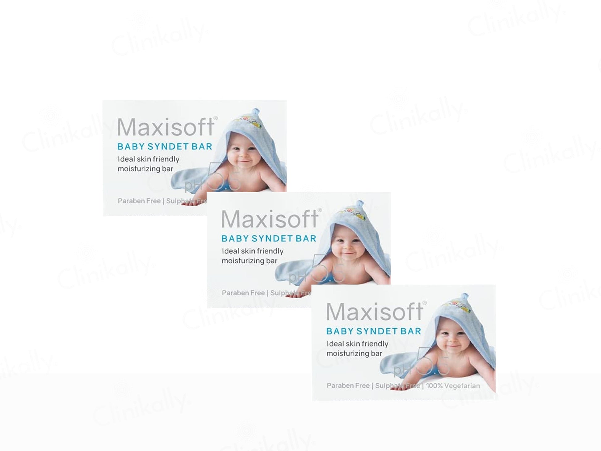 Three packages of Maxisoft Baby Syndet Bar with baby images on a white background