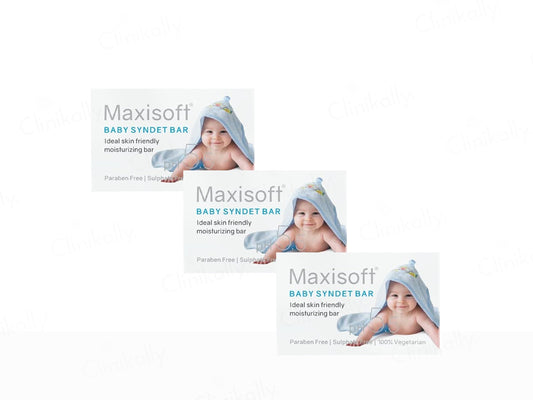 Three packages of Maxisoft Baby Syndet Bar with baby images on a white background