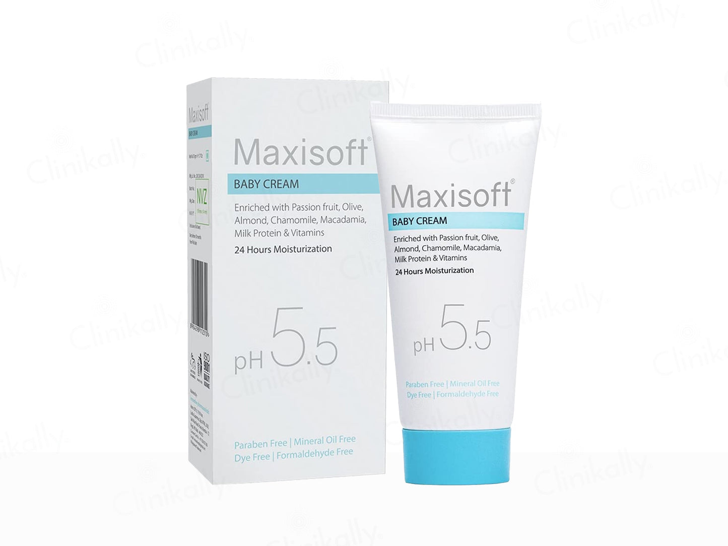 Maxisoft baby cream packaging with tube and box on a white background