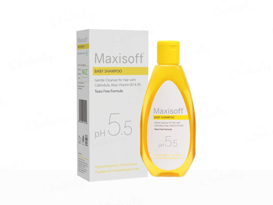 Maxisoft baby shampoo bottle and packaging on a white background